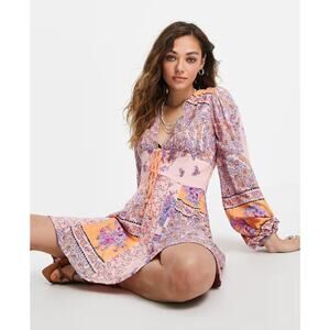 Free People Mixin' It Up Mini Dress XS Pink Orange Paisley V-Neck Boho Hippie